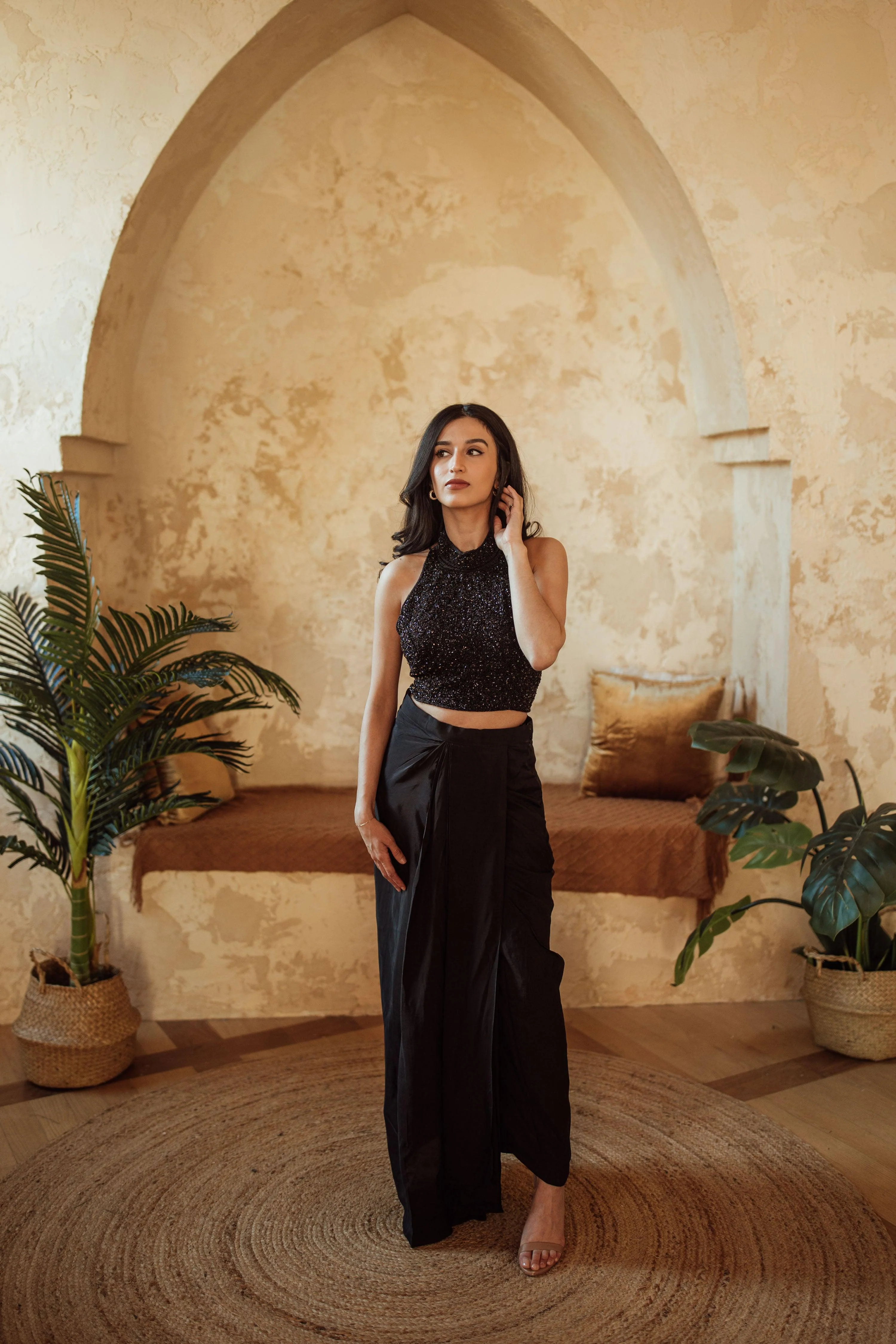 Black Saree Gown Drape Skirt Set with Heavy Embroidery Blouse - Image 6