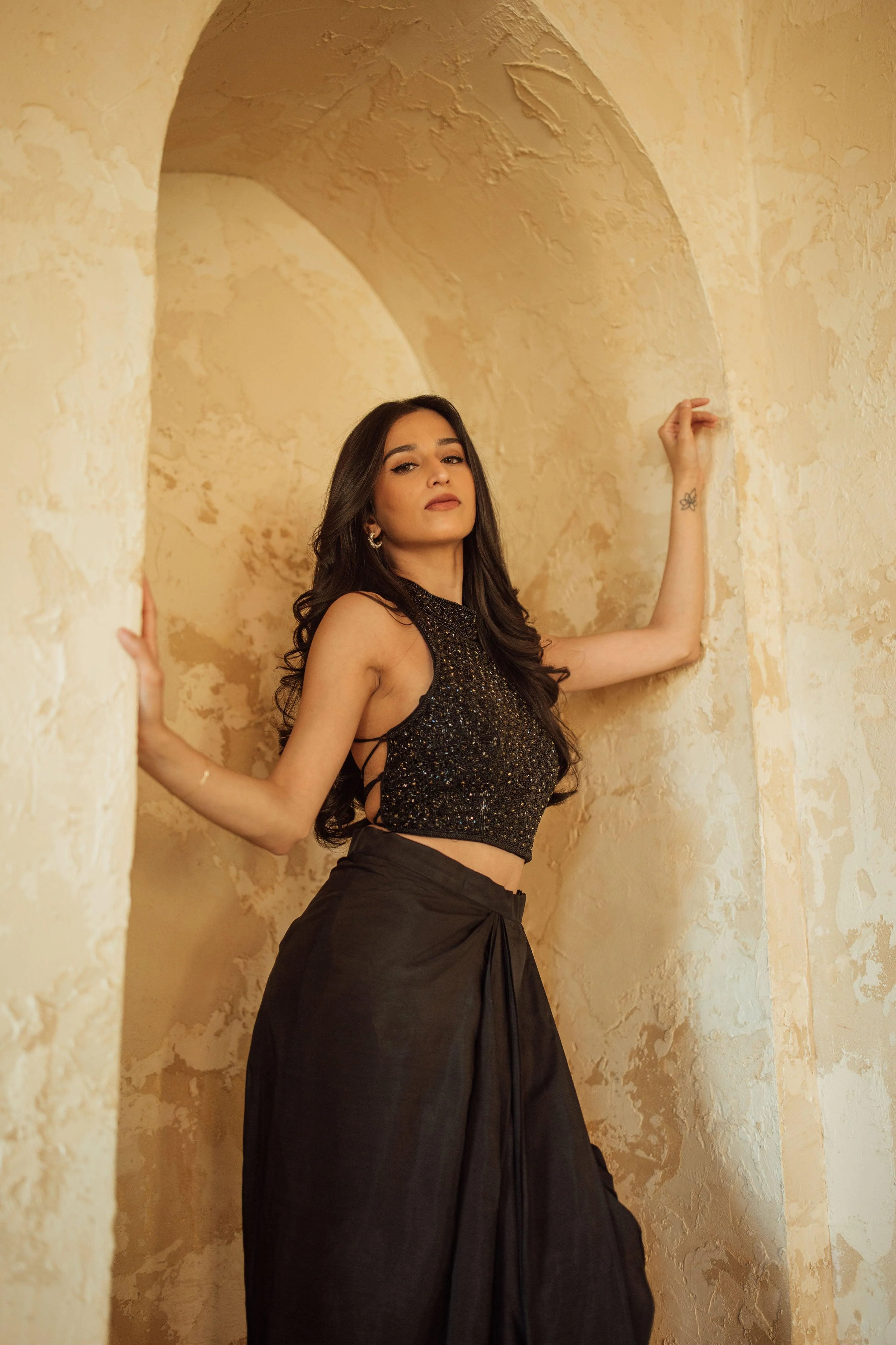 Black Saree Gown Drape Skirt Set with Heavy Embroidery Blouse - Image 8