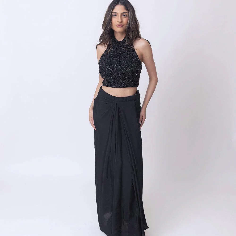 Black Saree Gown Drape Skirt Set with Heavy Embroidery Blouse - Image 9