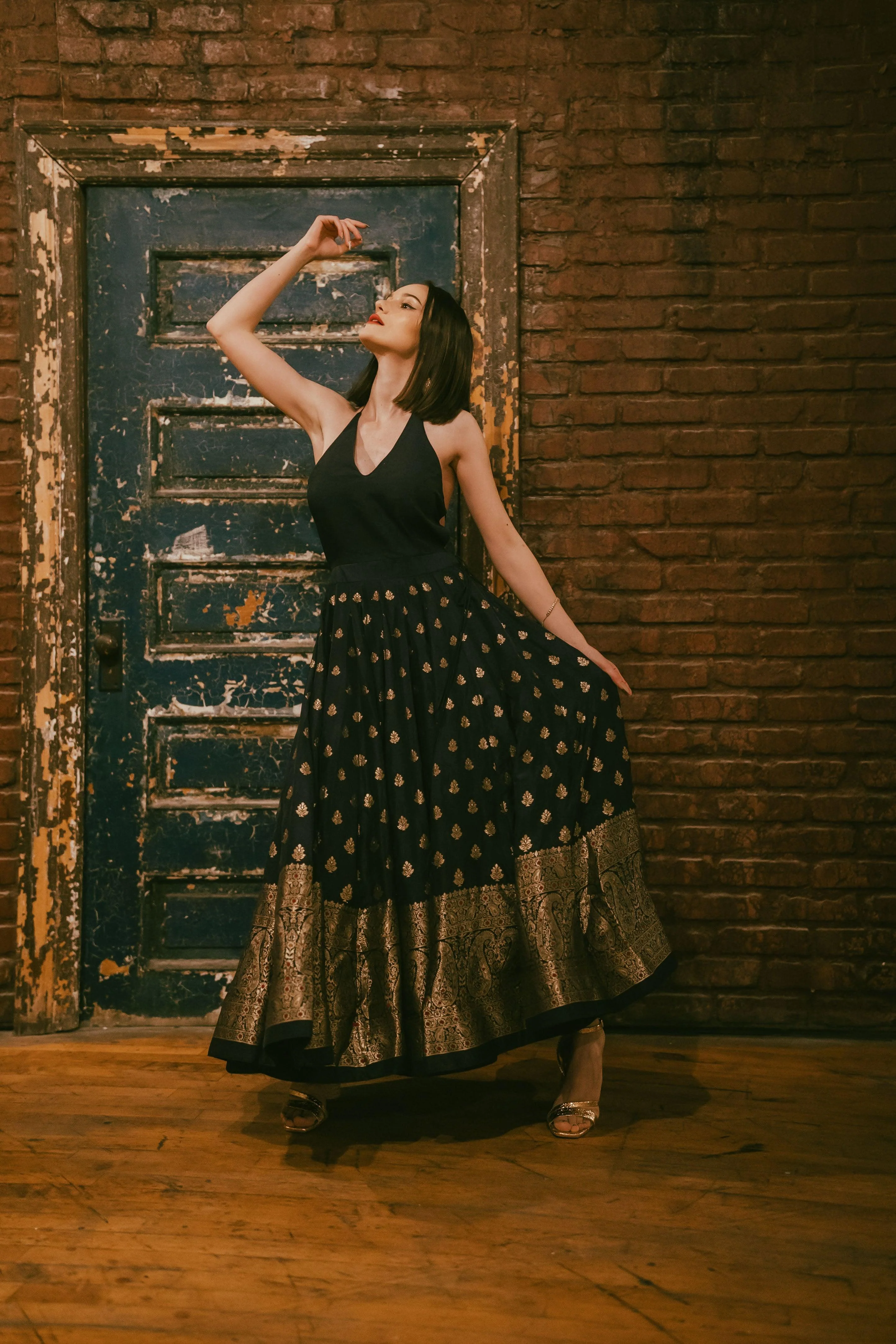 Blue and Gold Gown with Banarasi Border
