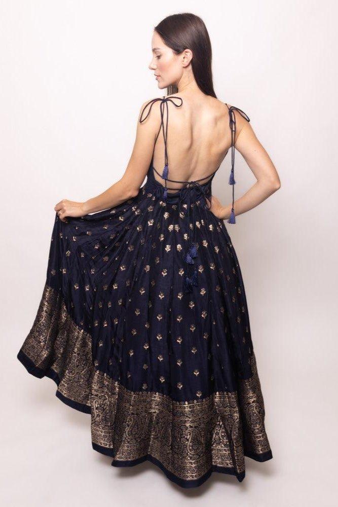 Blue and Gold Gown with Banarasi Border - Image 2