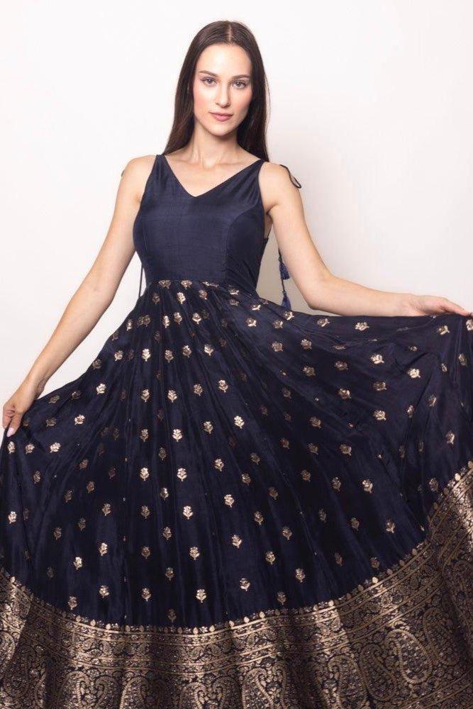 Blue and Gold Gown with Banarasi Border - Image 6