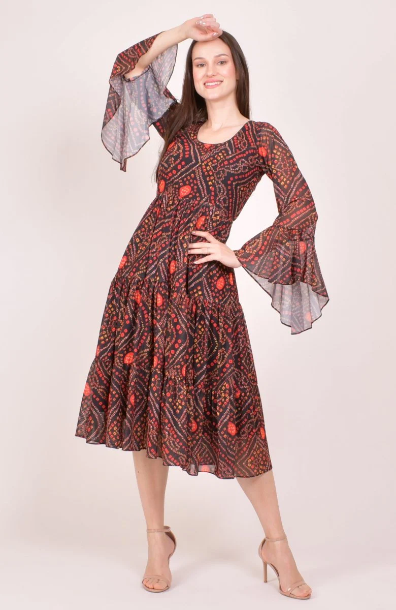 Black Bandhani Print Bell Sleeve Tiered Midi Dress