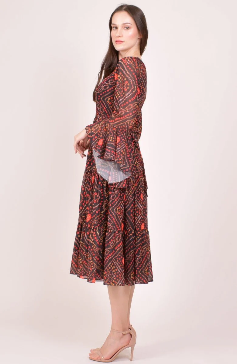 Black Bandhani Print Bell Sleeve Tiered Midi Dress - Image 4