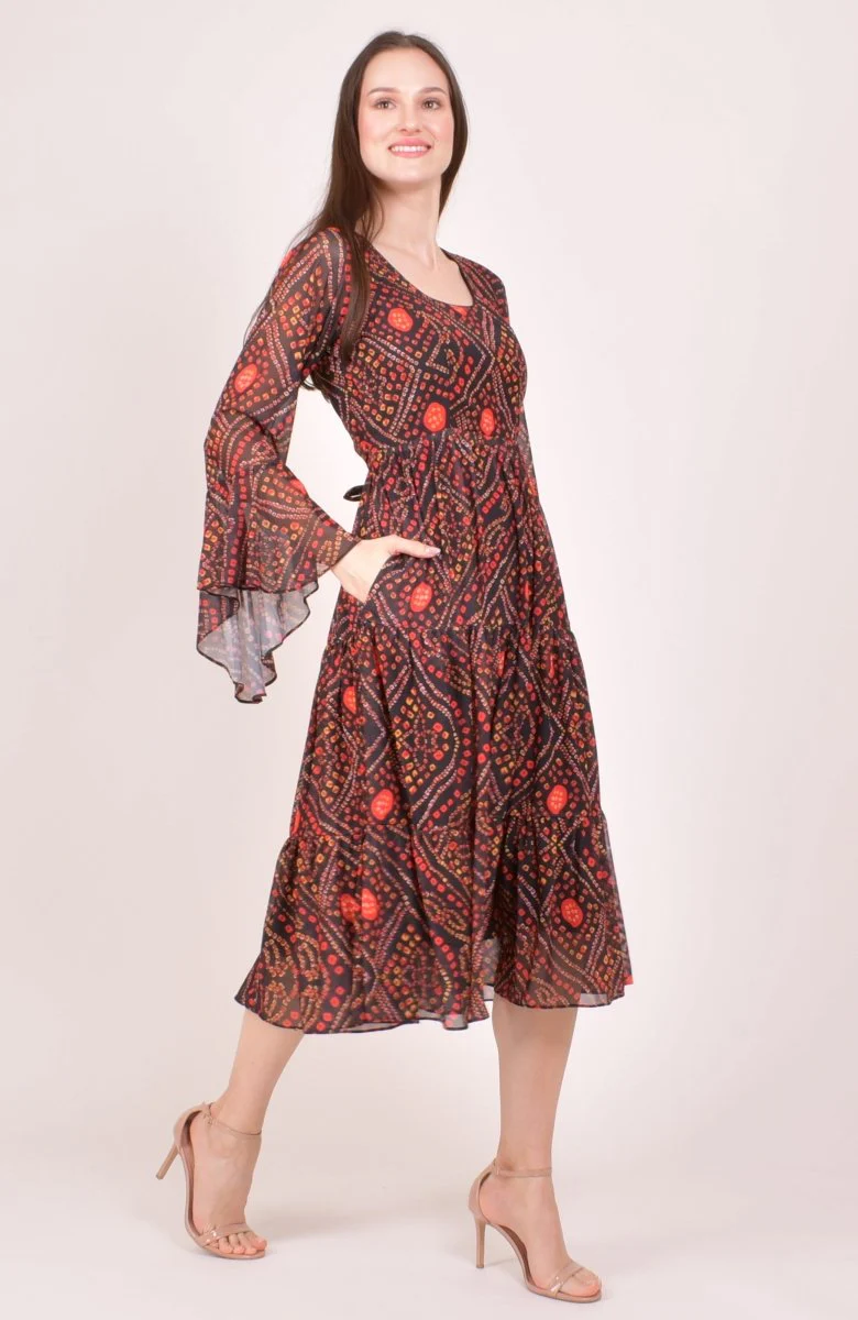 Black Bandhani Print Bell Sleeve Tiered Midi Dress - Image 5