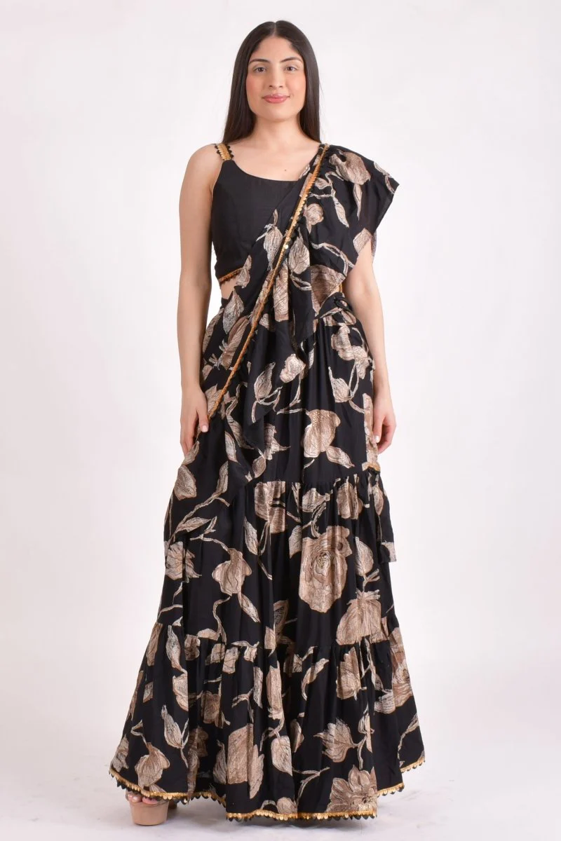 Black Floral Sequins Ruffle Saree