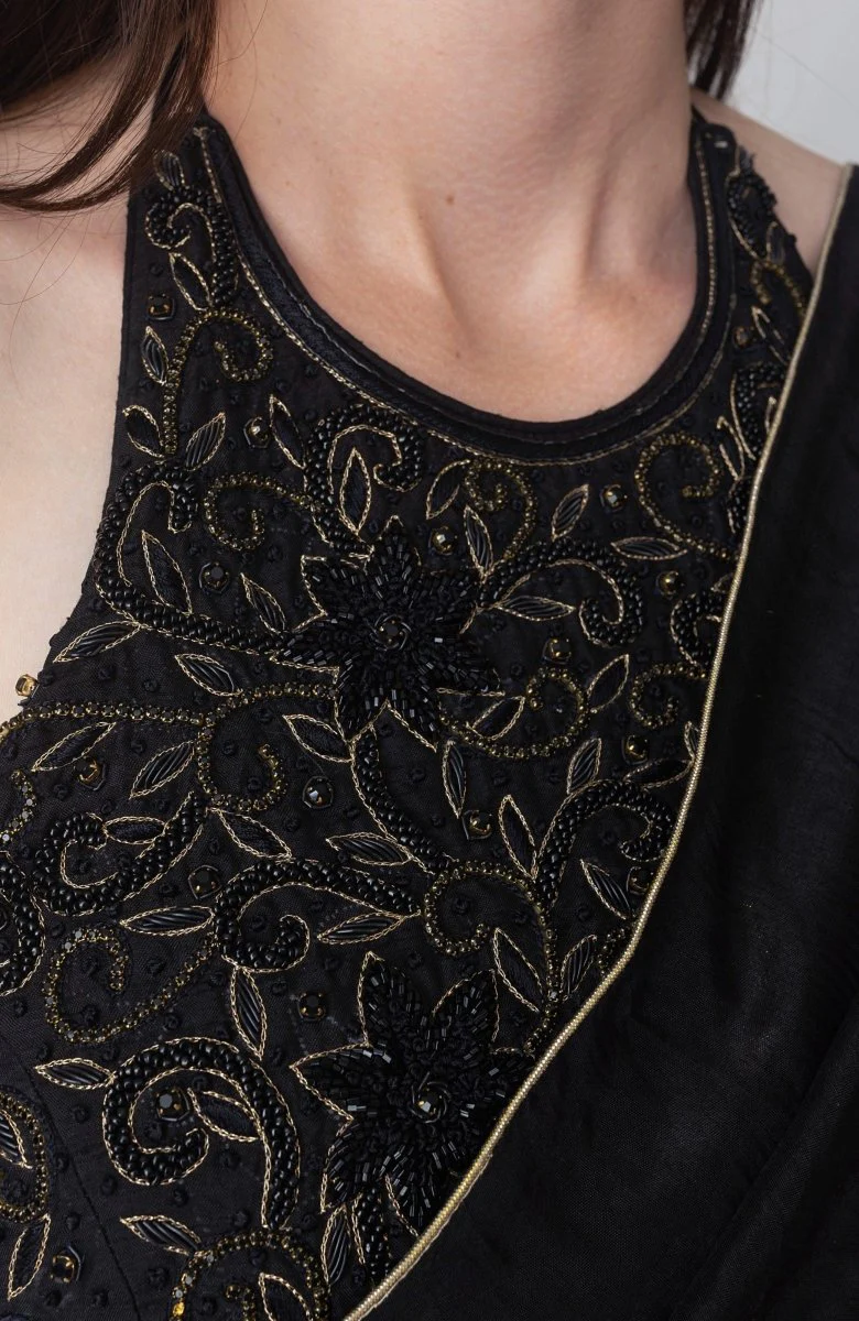 Black Pre Stitched Saree with Hand Embroidered Blouse - Image 3