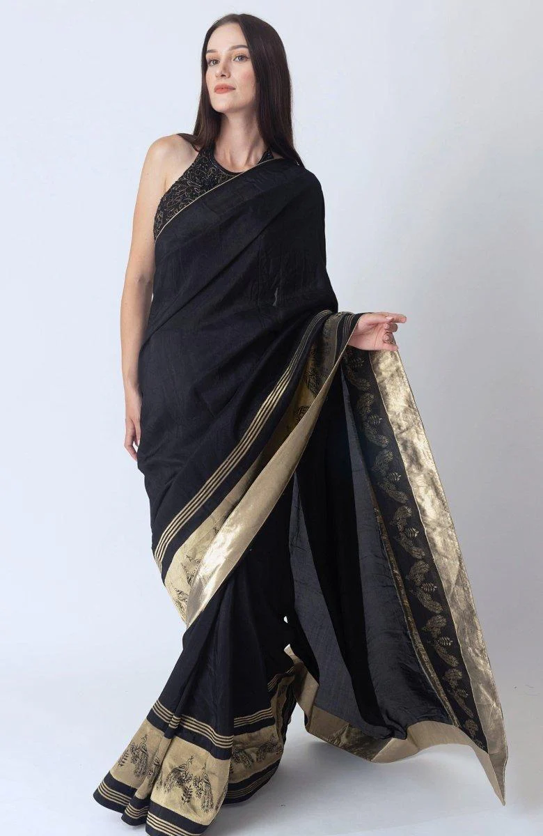 Black Pre Stitched Saree with Hand Embroidered Blouse - Image 4
