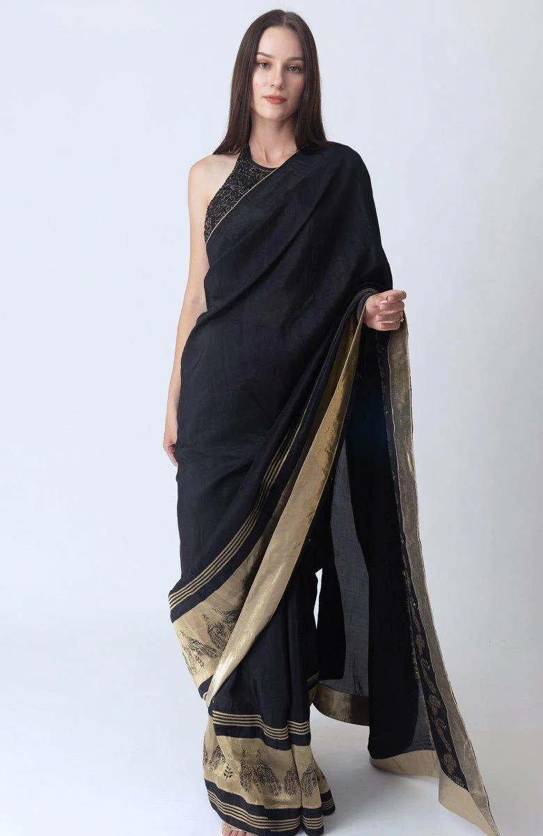 Black Pre Stitched Saree with Hand Embroidered Blouse - Image 8