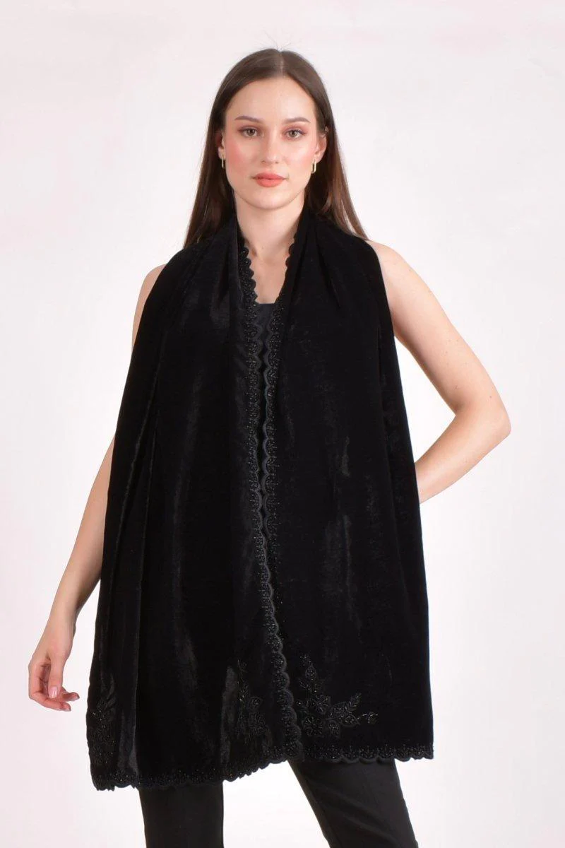 Black Velvet Hand Embroidered Beaded Scarf