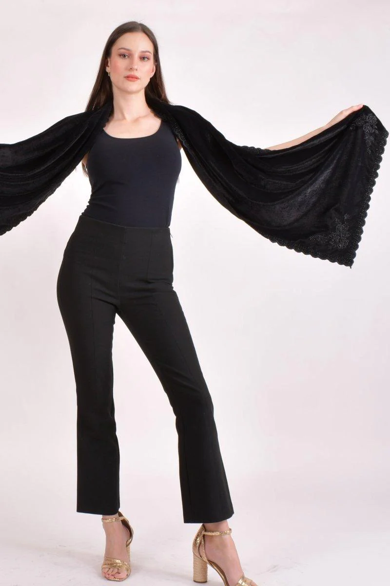Black Velvet Hand Embroidered Beaded Scarf - Image 3