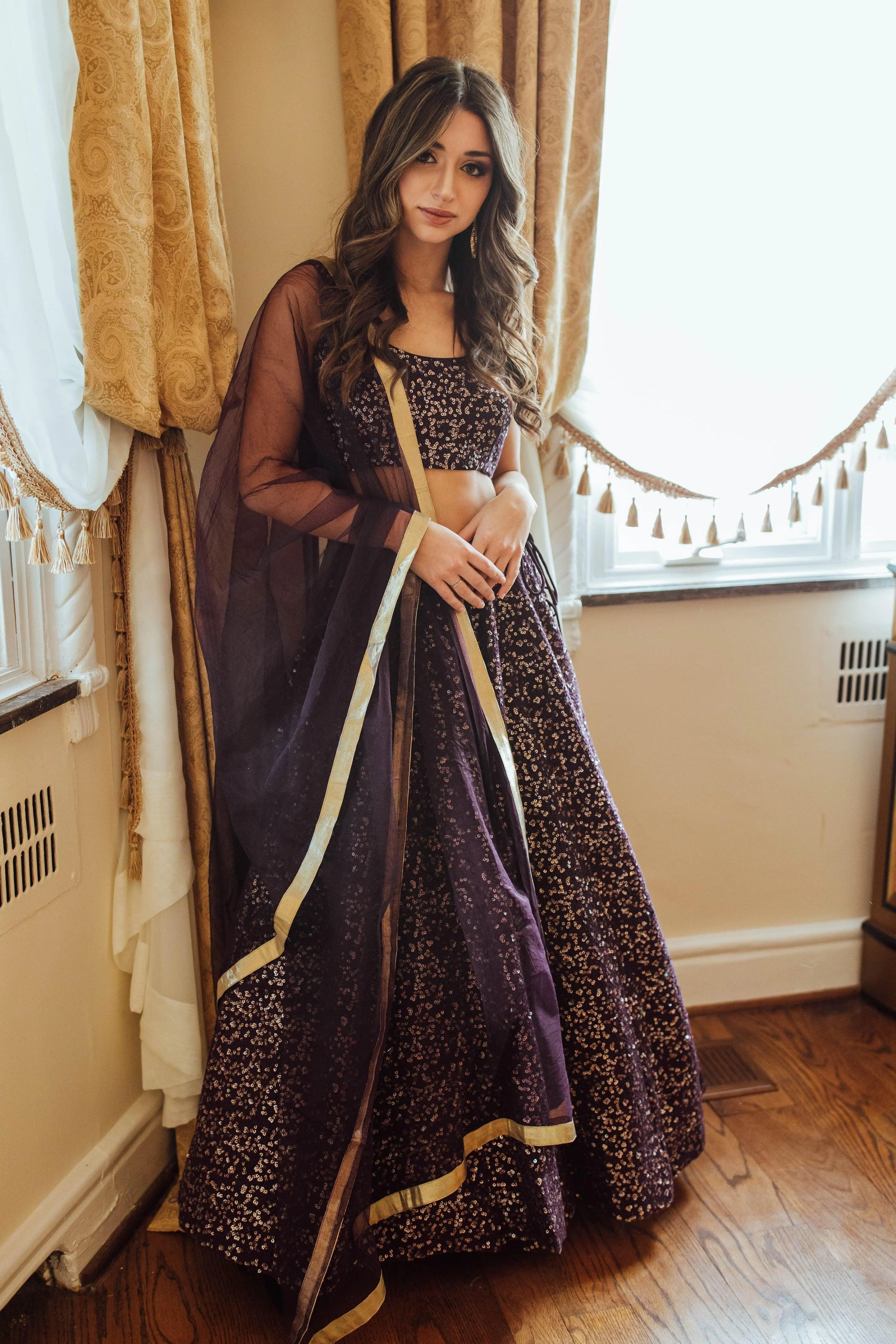 Wine Sequins Lehenga Choli Set - Image 3