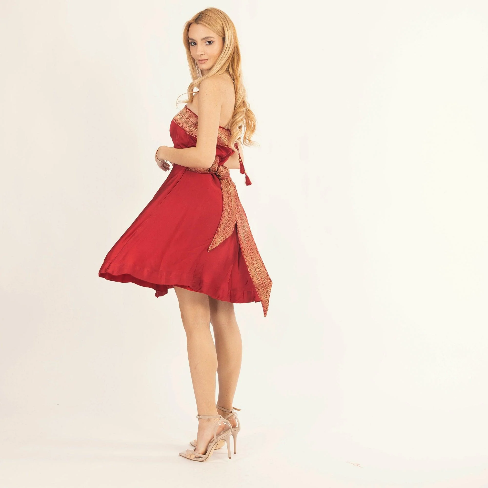 Red Strapless Dress with Jacquard Weaving - Image 3
