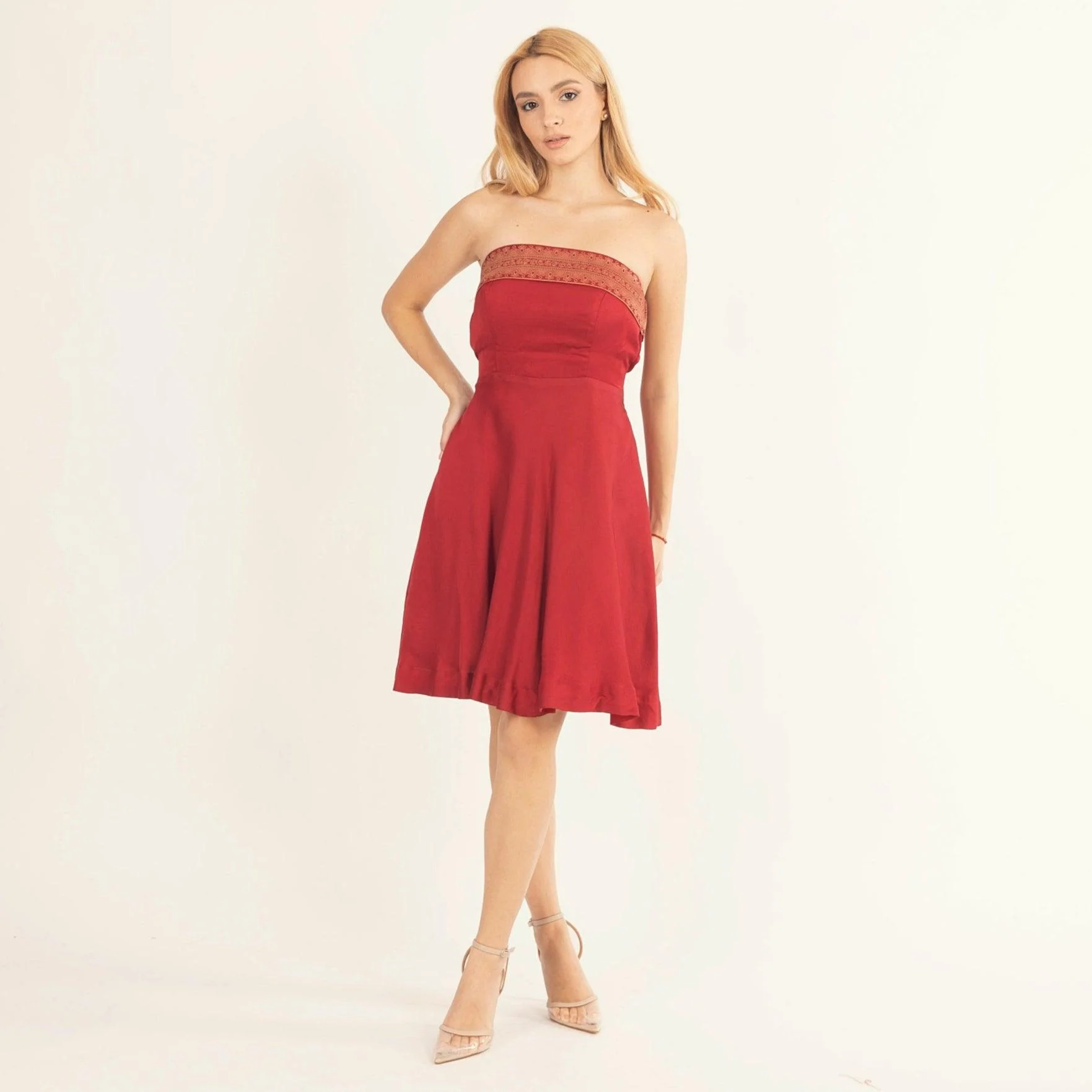 Red Strapless Dress with Jacquard Weaving - Image 4