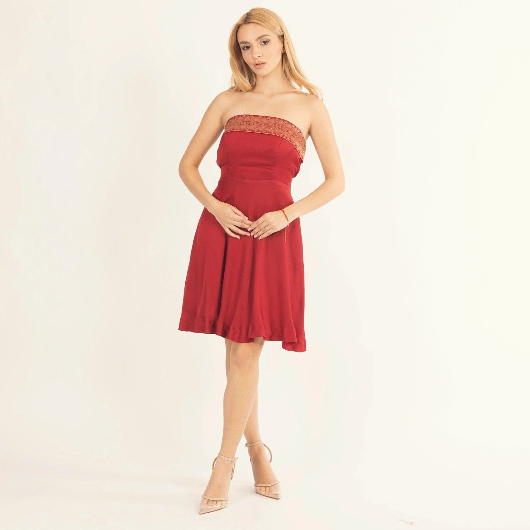 Red Strapless Dress with Jacquard Weaving - Image 5