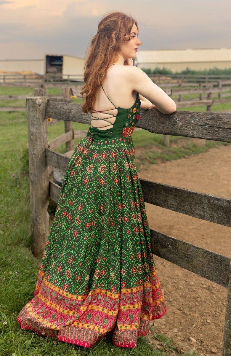 Green Open Back Dress with Hand Embroidered Torso - Image 8
