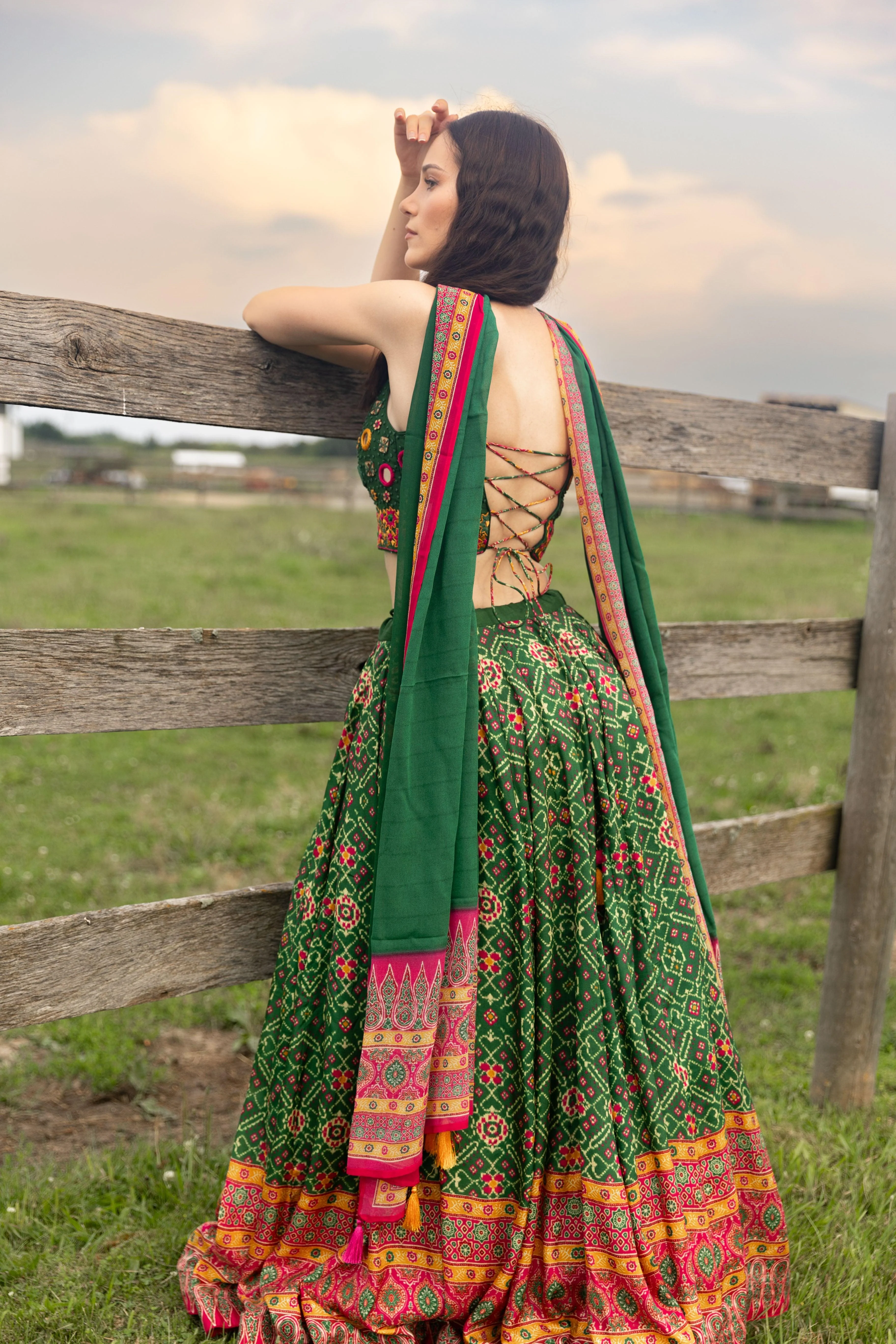 Green Patola Print Chaniya Choli with Hand Embroidered Blouse - Image 2