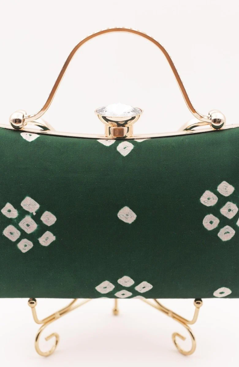 Green Bandhej Silk Bia Clutch with Crystal Closure