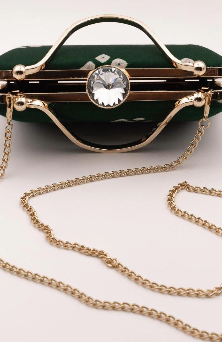 Green Bandhej Silk Bia Clutch with Crystal Closure - Image 4