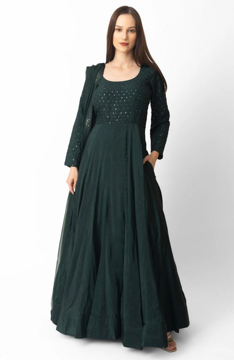 Green Mirror Embroidered Gown with Dupatta