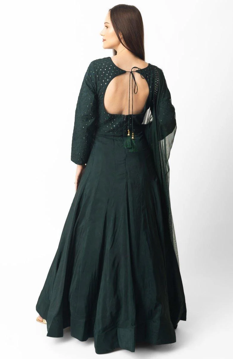 Green Mirror Embroidered Gown with Dupatta - Image 2