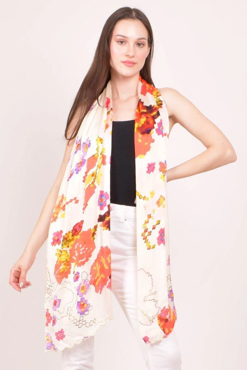 Ivory Floral Printed Viscose Scarf with Cutwork Border