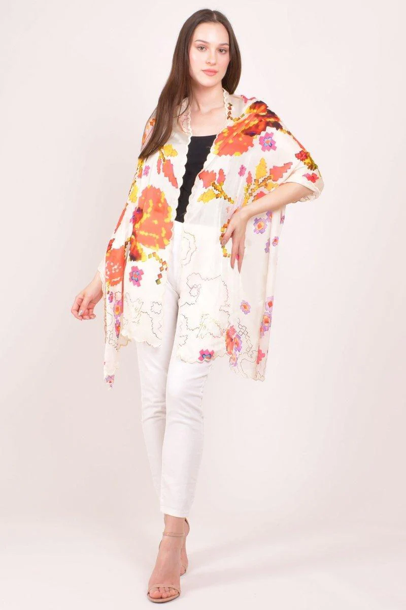 Ivory Floral Printed Viscose Scarf with Cutwork Border - Image 3