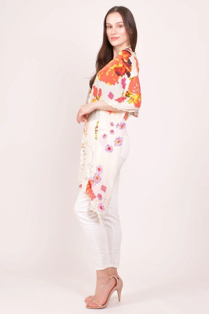 Ivory Floral Printed Viscose Scarf with Cutwork Border - Image 4