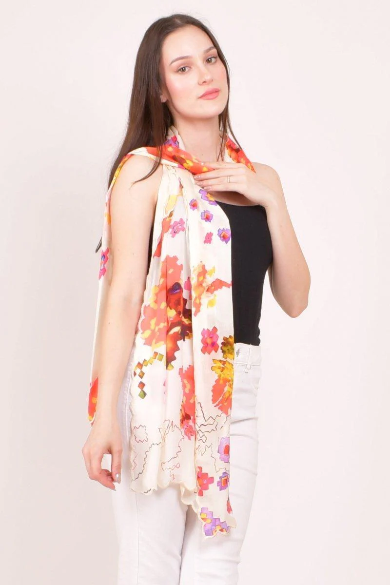 Ivory Floral Printed Viscose Scarf with Cutwork Border - Image 5