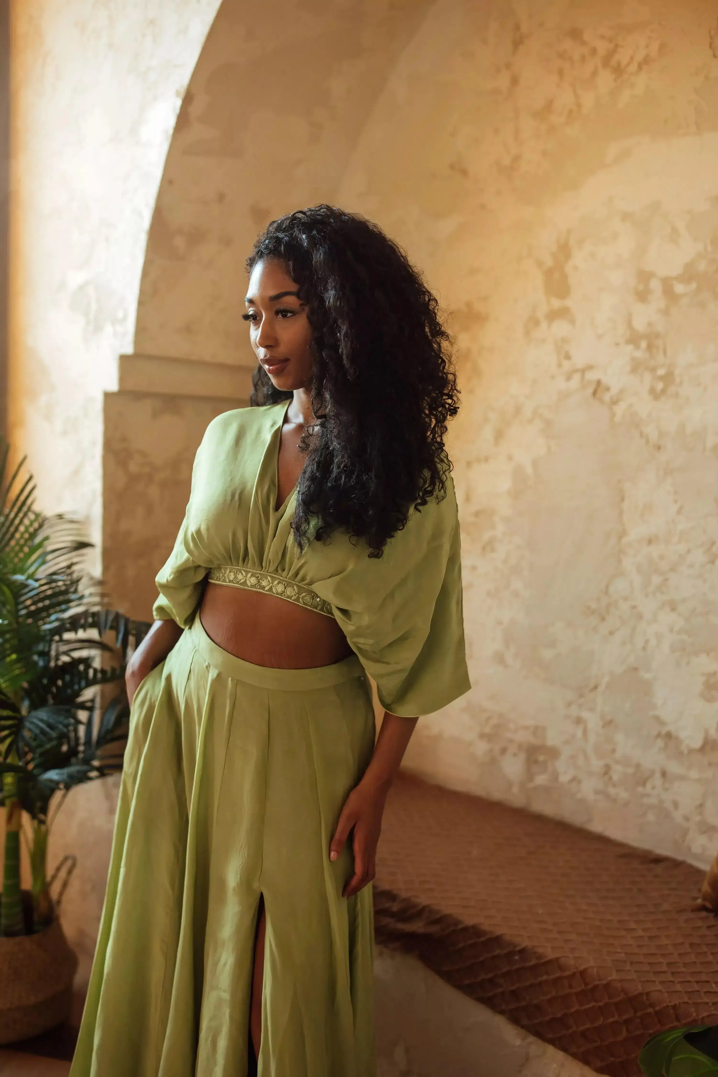 Green Flowy Two Piece Set with Slit - Image 6