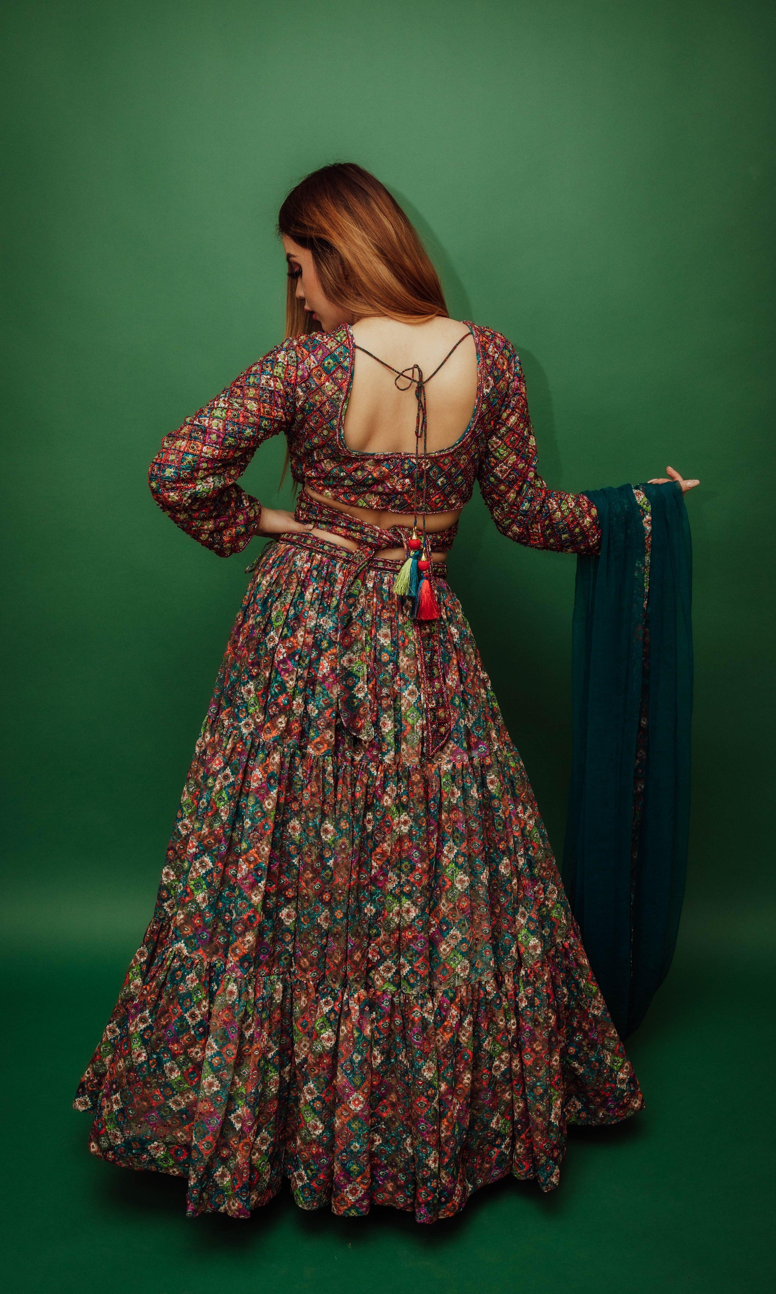 Long Sleeve Multicolor Sequin Lehenga - Image 2