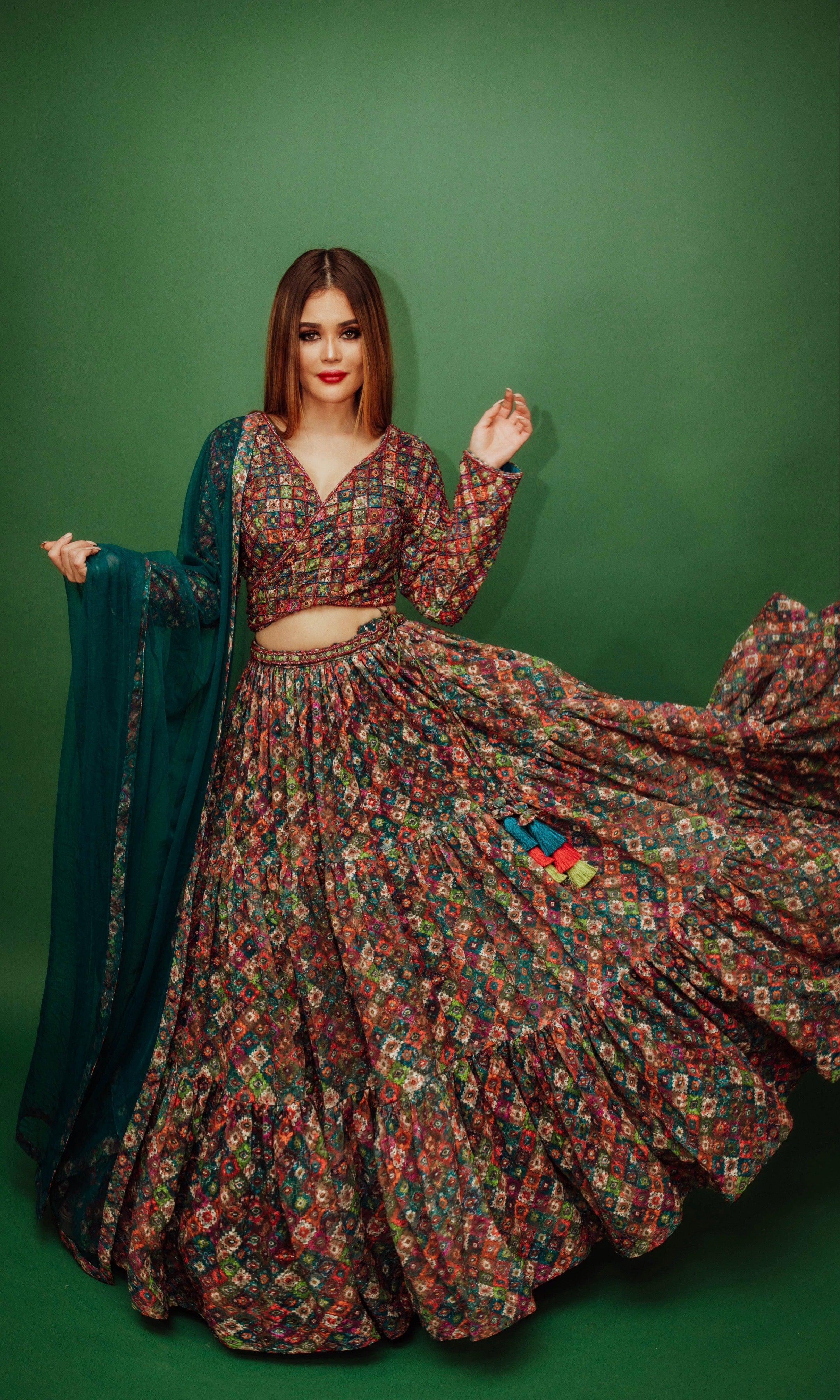 Long Sleeve Multicolor Sequin Lehenga - Image 3