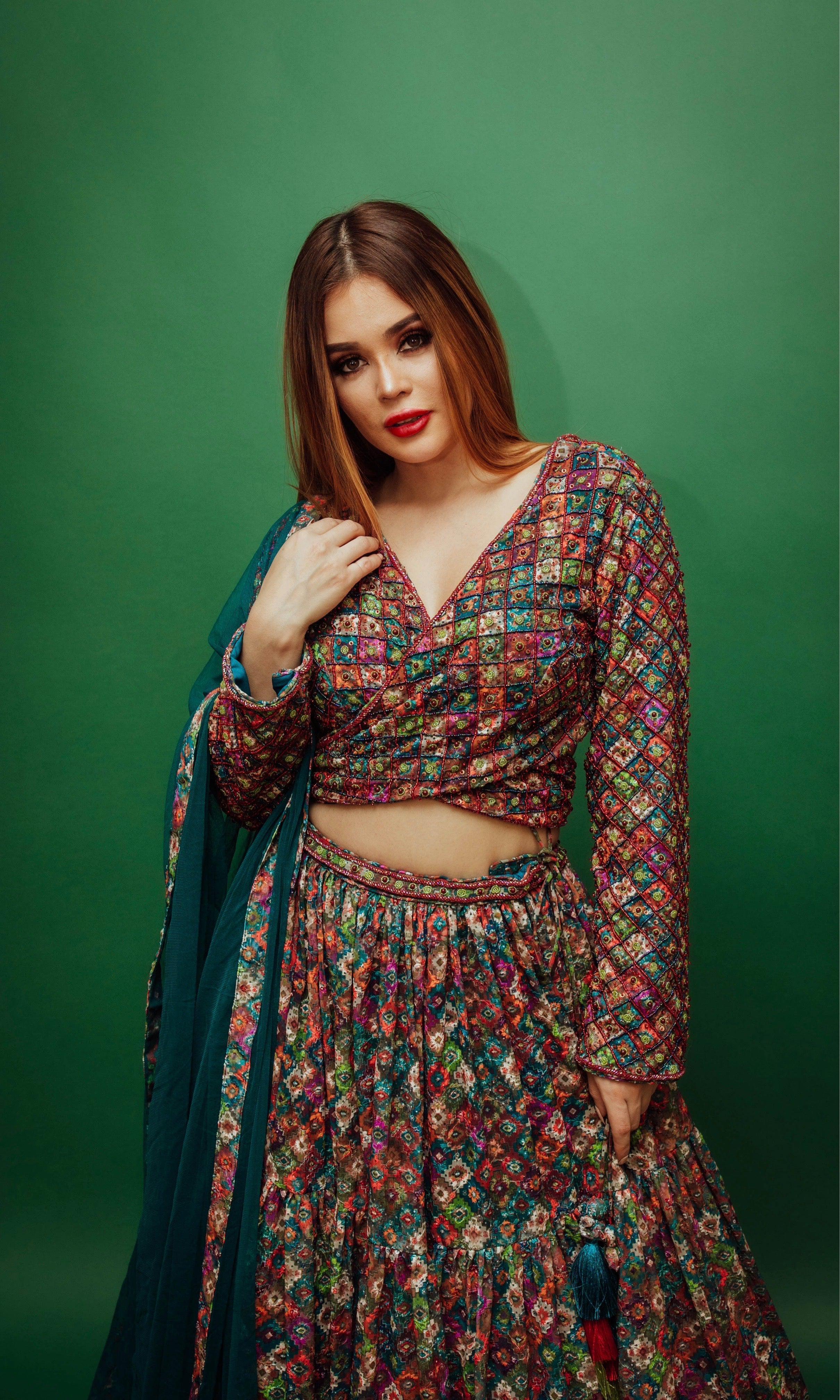 Long Sleeve Multicolor Sequin Lehenga - Image 4