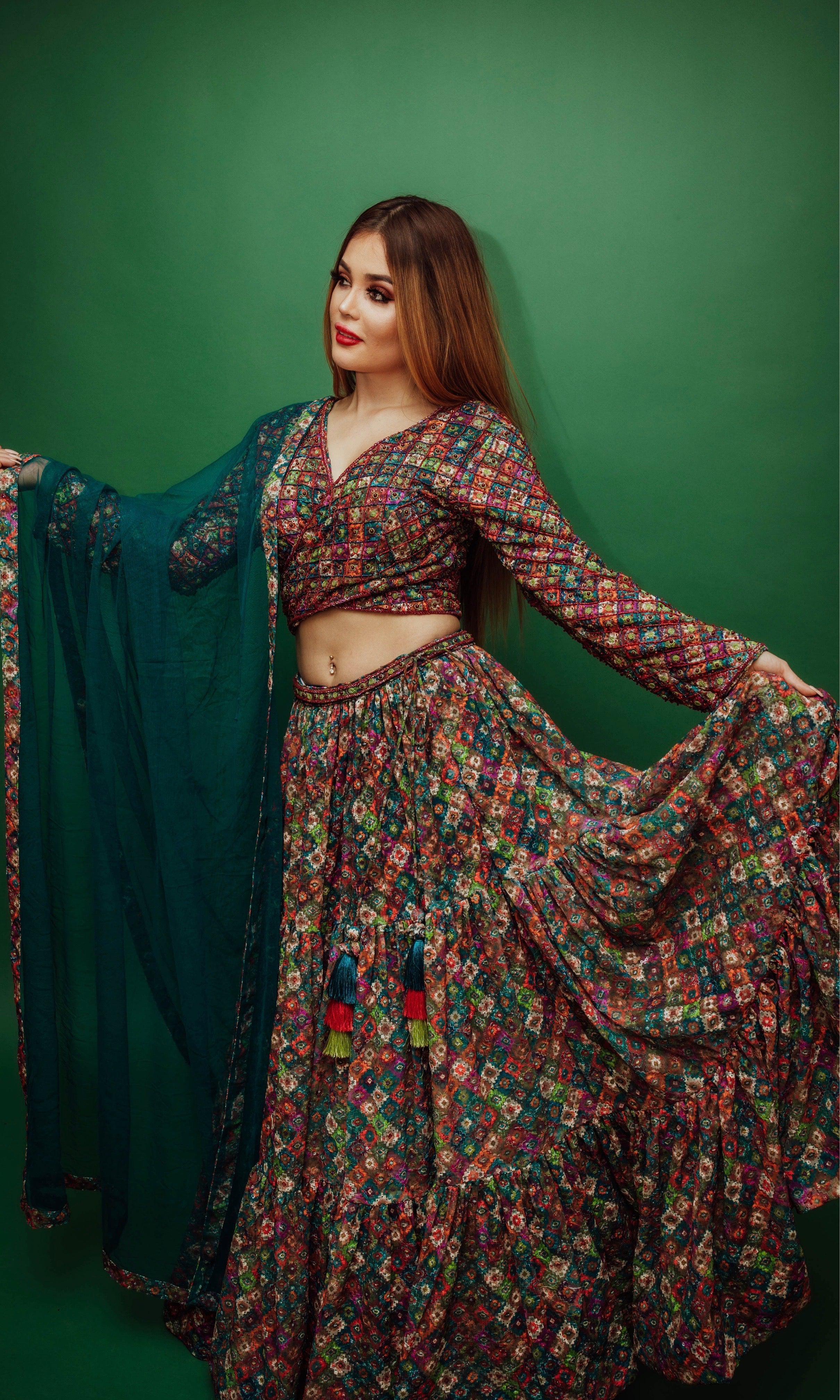 Long Sleeve Multicolor Sequin Lehenga - Image 5