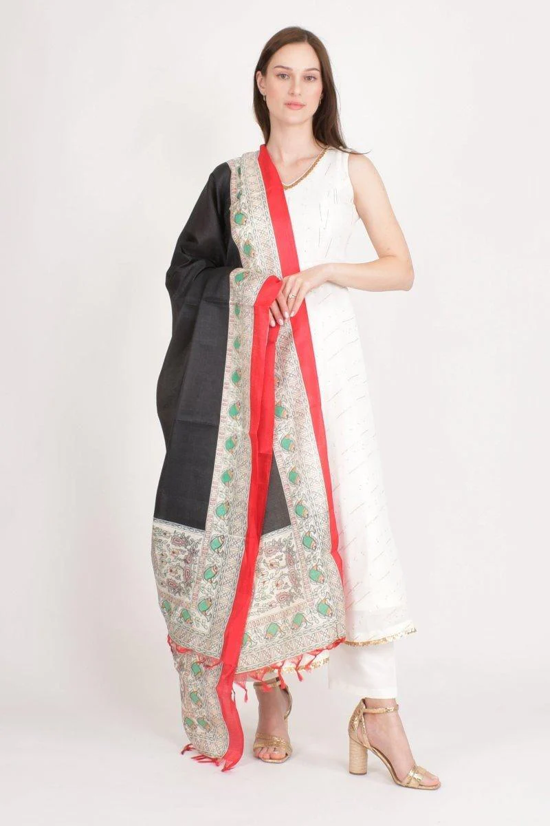 Multicolor Printed Cotton Silk Dupatta With Tassels - Image 3