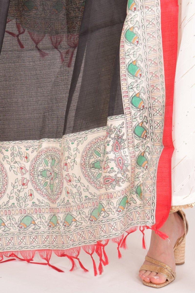 Multicolor Printed Cotton Silk Dupatta With Tassels - Image 4