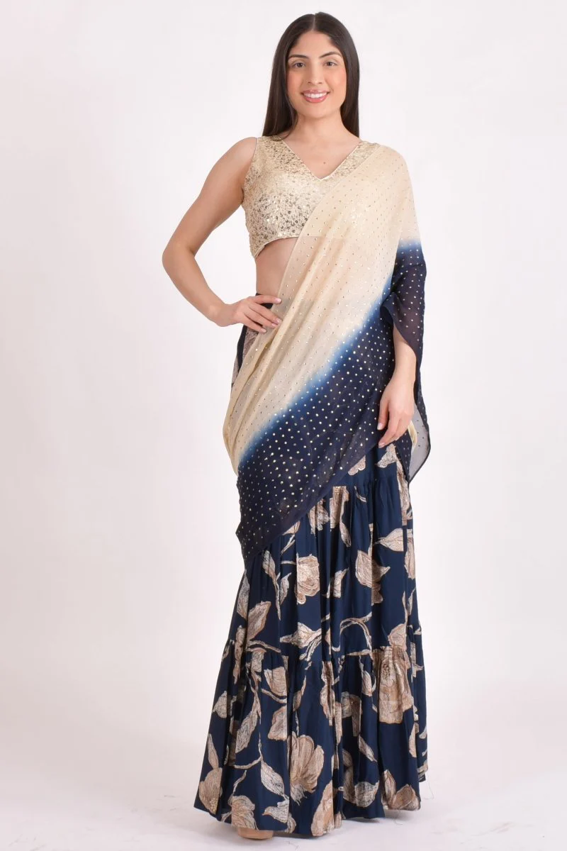 Navy Floral Sequin Ruffle Saree