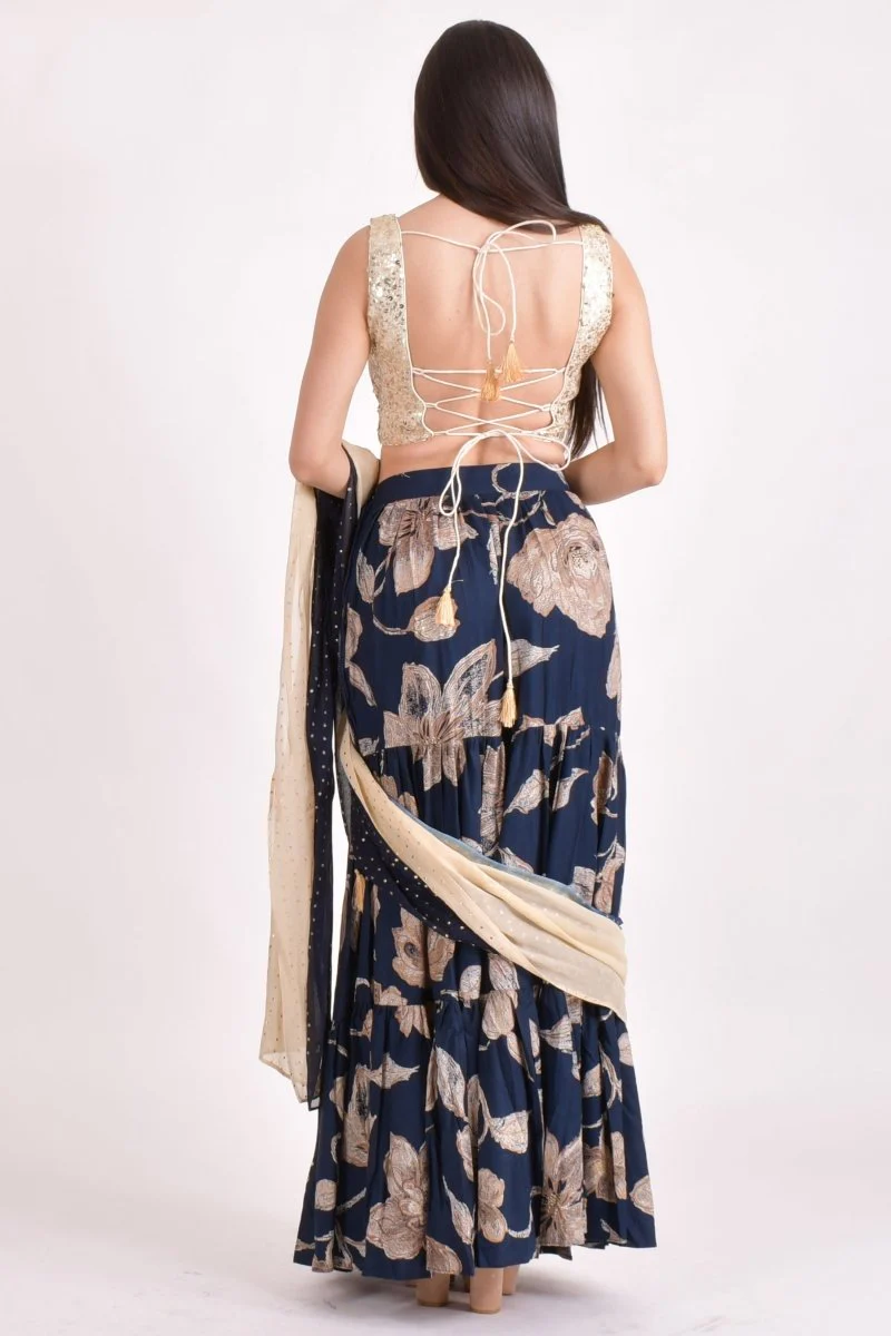 Navy Floral Sequin Ruffle Saree - Image 2