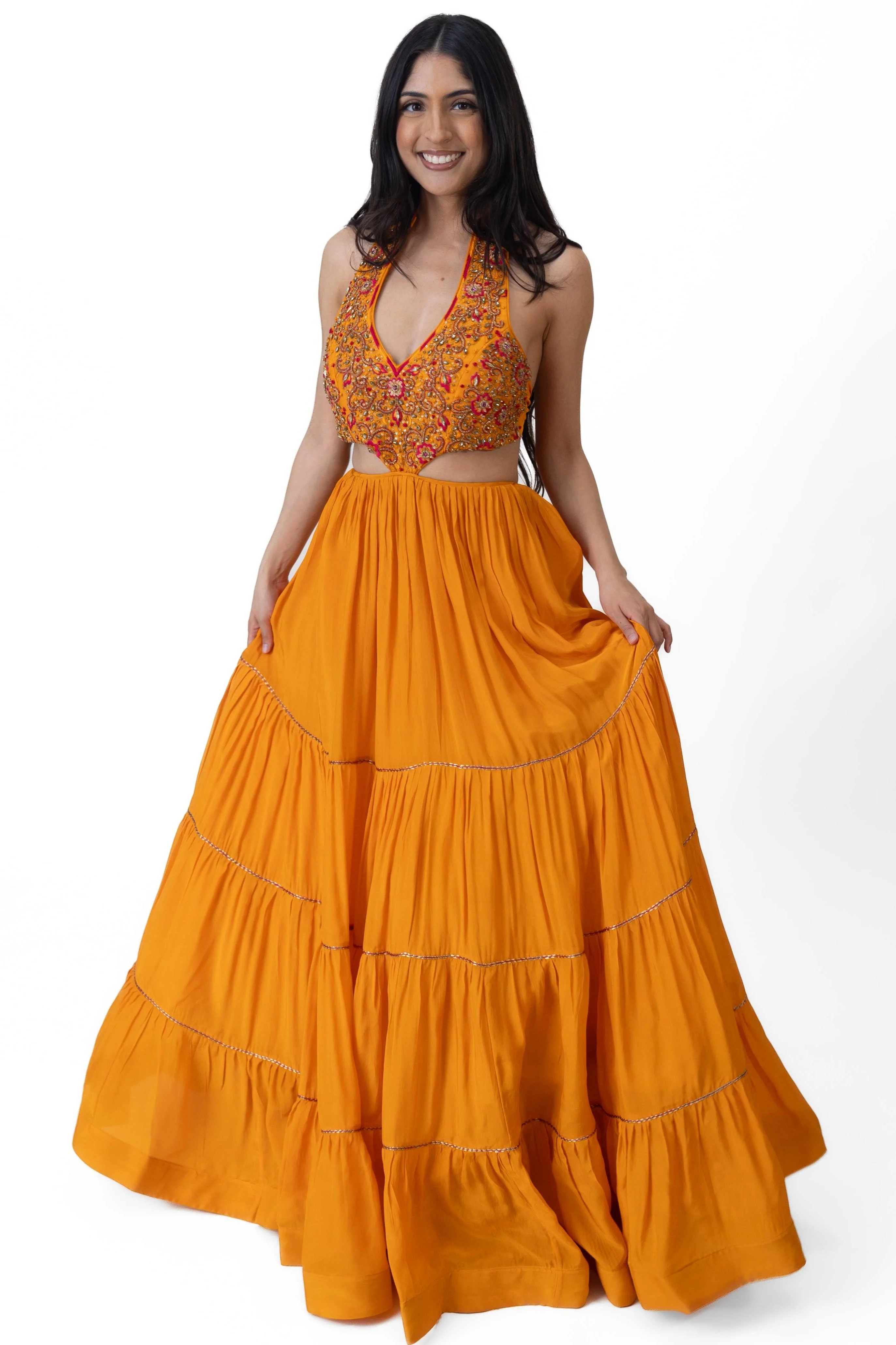 Neale Tiered Yellow Gown with Hand Embroidery