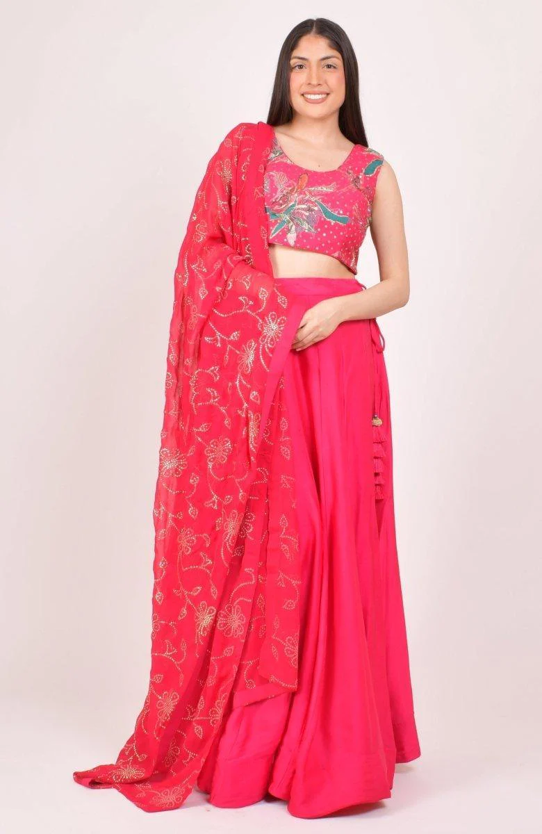 Pink Sequin & Kasab Embroidered Floral Chaniya Choli With Mukaish Dupatta