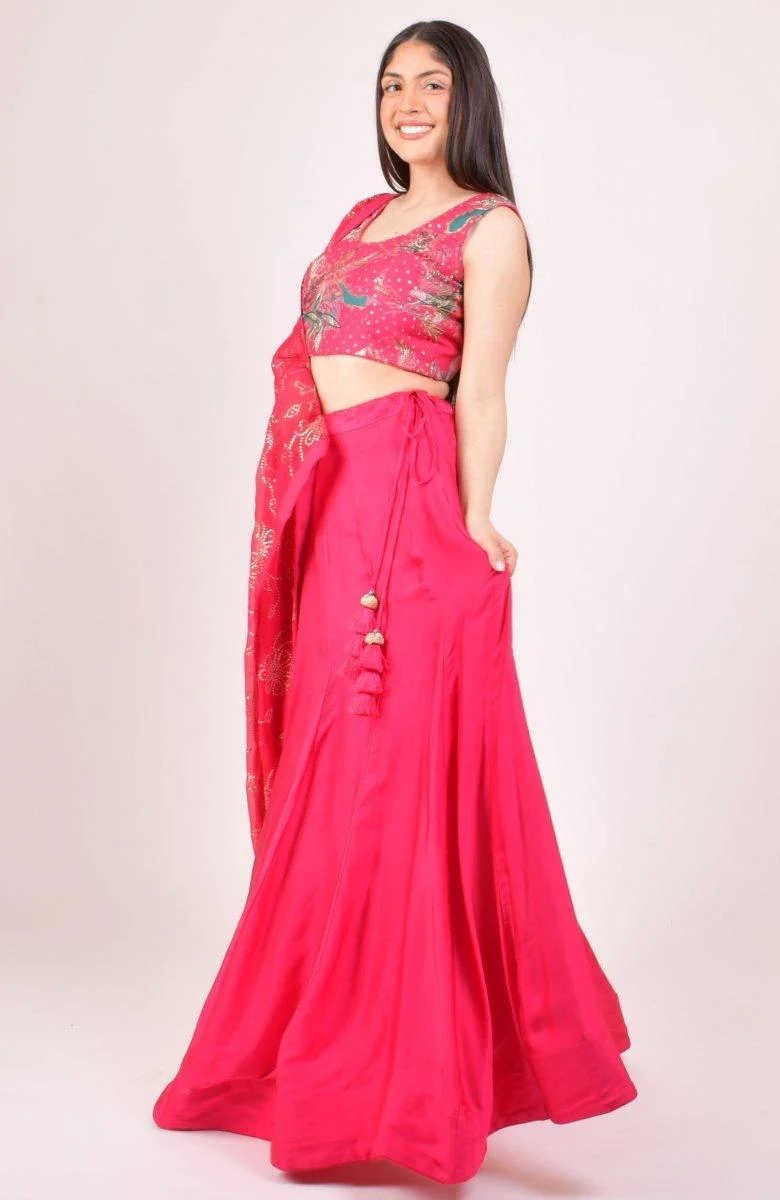 Pink Sequin & Kasab Embroidered Floral Chaniya Choli With Mukaish Dupatta - Image 5