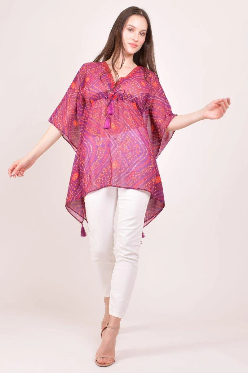Purple Bandhani Print Georgette Kaftan Top - Image 6
