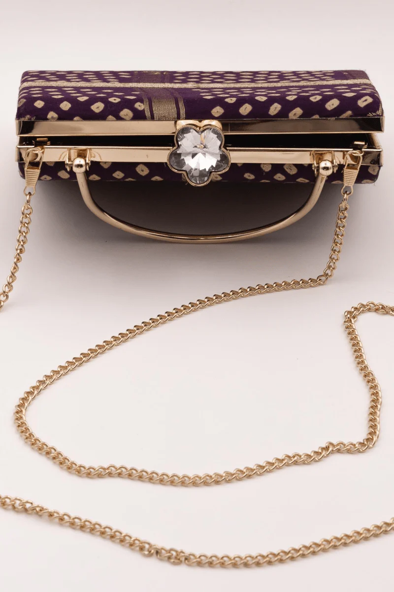 Purple Bandhej Silk Mony Clutch with Gold Chain - Image 2