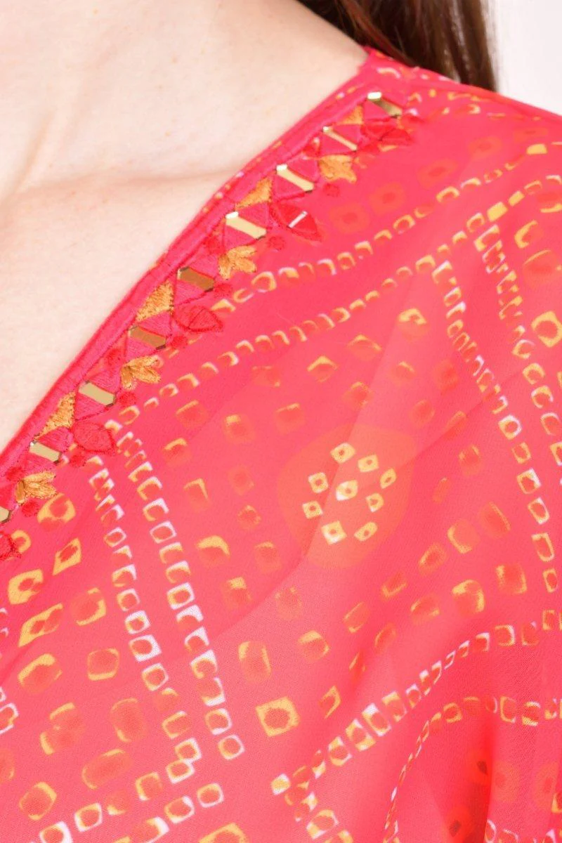 Red Bandhani Print Boho Kaftan Top with Mirror & Resham Embroidery - Image 3