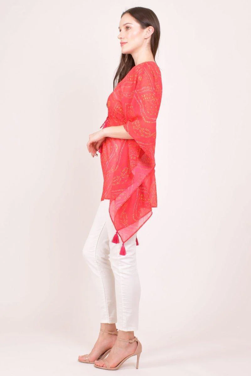 Red Bandhani Print Boho Kaftan Top with Mirror & Resham Embroidery - Image 4