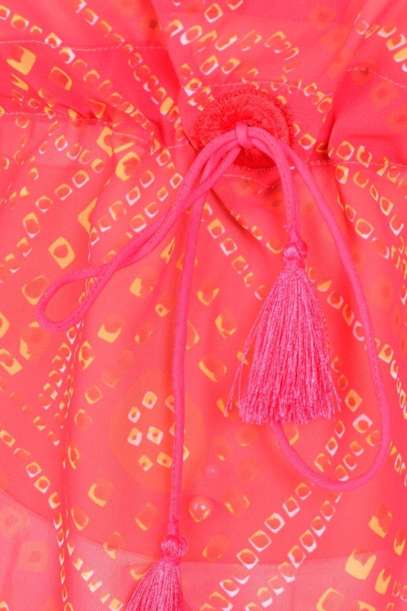 Red Bandhani Print Boho Kaftan Top with Mirror & Resham Embroidery - Image 5