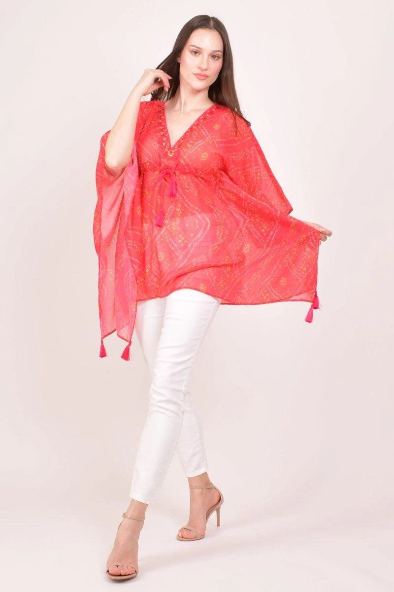 Red Bandhani Print Boho Kaftan Top with Mirror & Resham Embroidery - Image 6