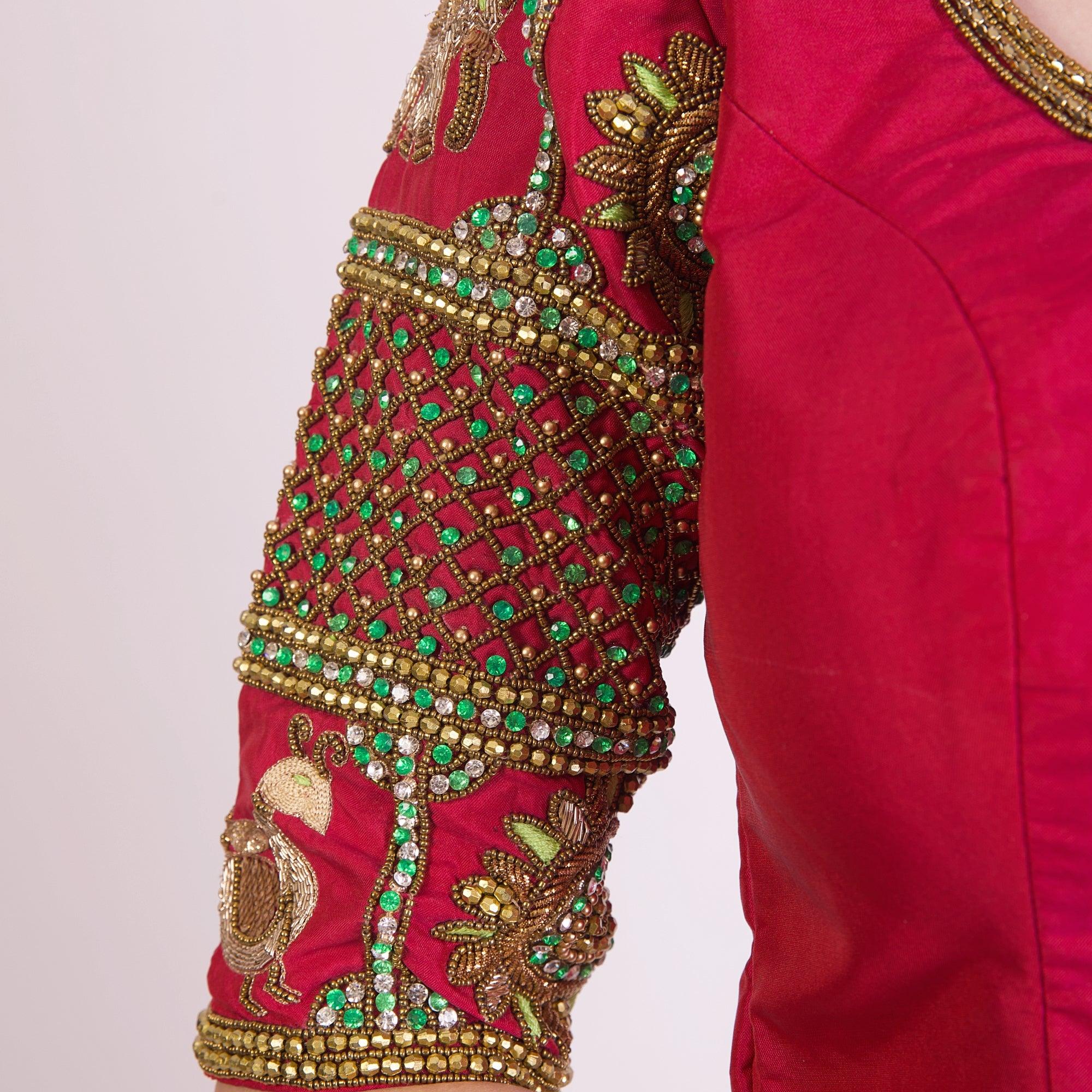 Red & Green Hand Embroidered Silk Saree Blouse with Stone & Cutdana Work - Image 2