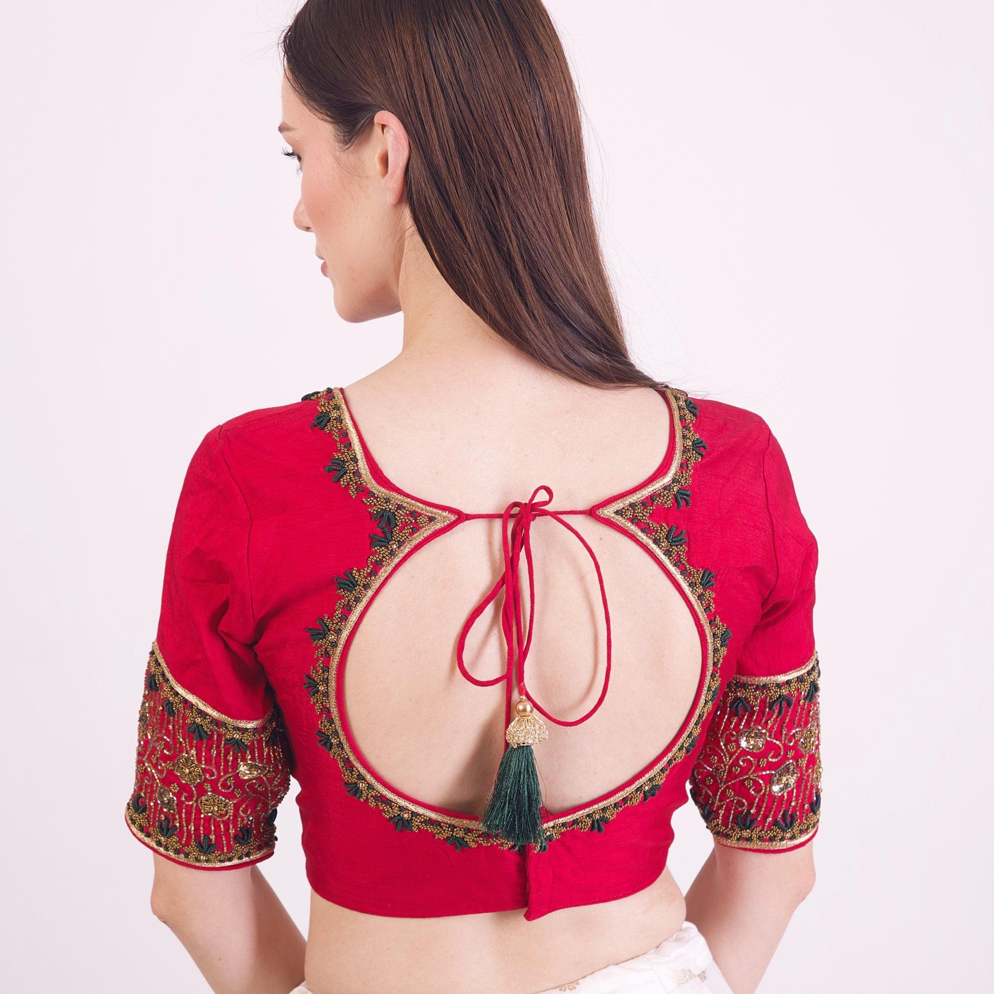 Red Hand Embroidered Silk Saree Blouse with Elbow Sleeves - Image 2