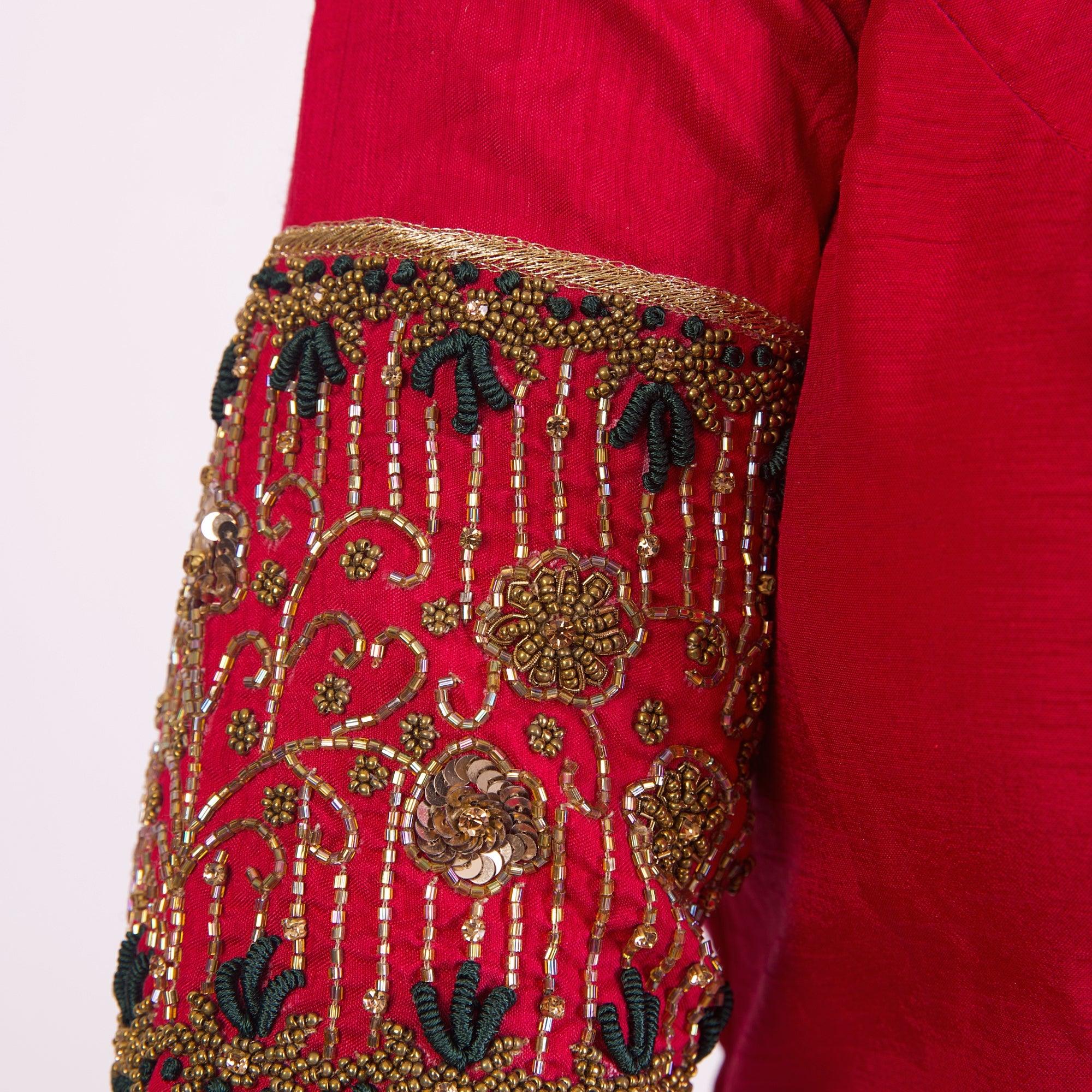 Red Hand Embroidered Silk Saree Blouse with Elbow Sleeves - Image 3